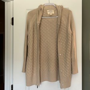 Carmel color zip sweater with hood. Size Medium.Cambridge Dry Goods.